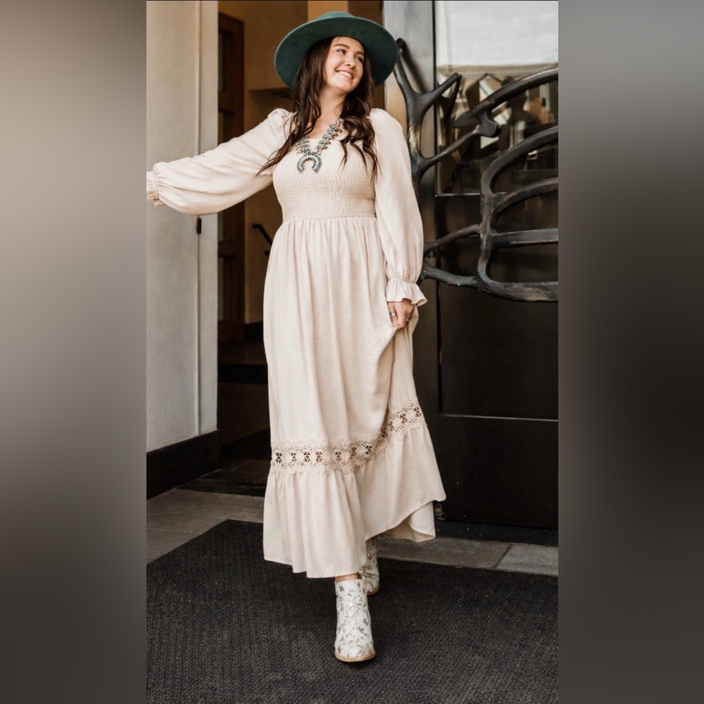 ZESICA Boho Long Sleeve Square Neck Smocked Maxi Dress ~Apricot~Size 4/6 ~ NWOT - Picture 13 of 16